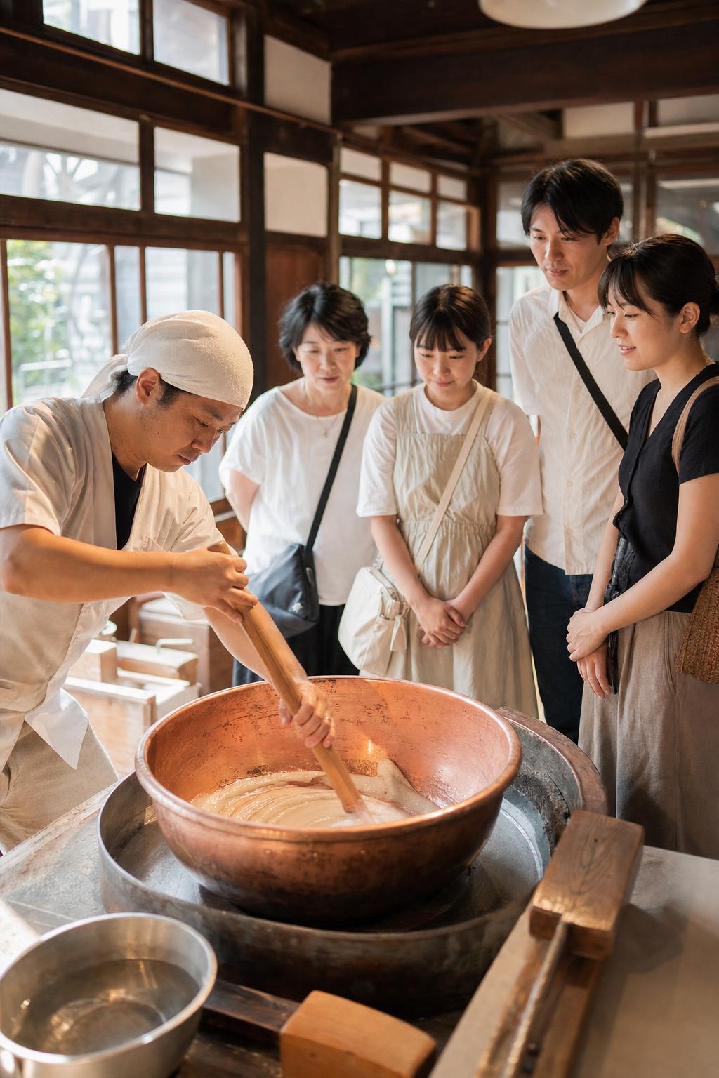 工場見学で銅釜のそばに立つ見学者たち