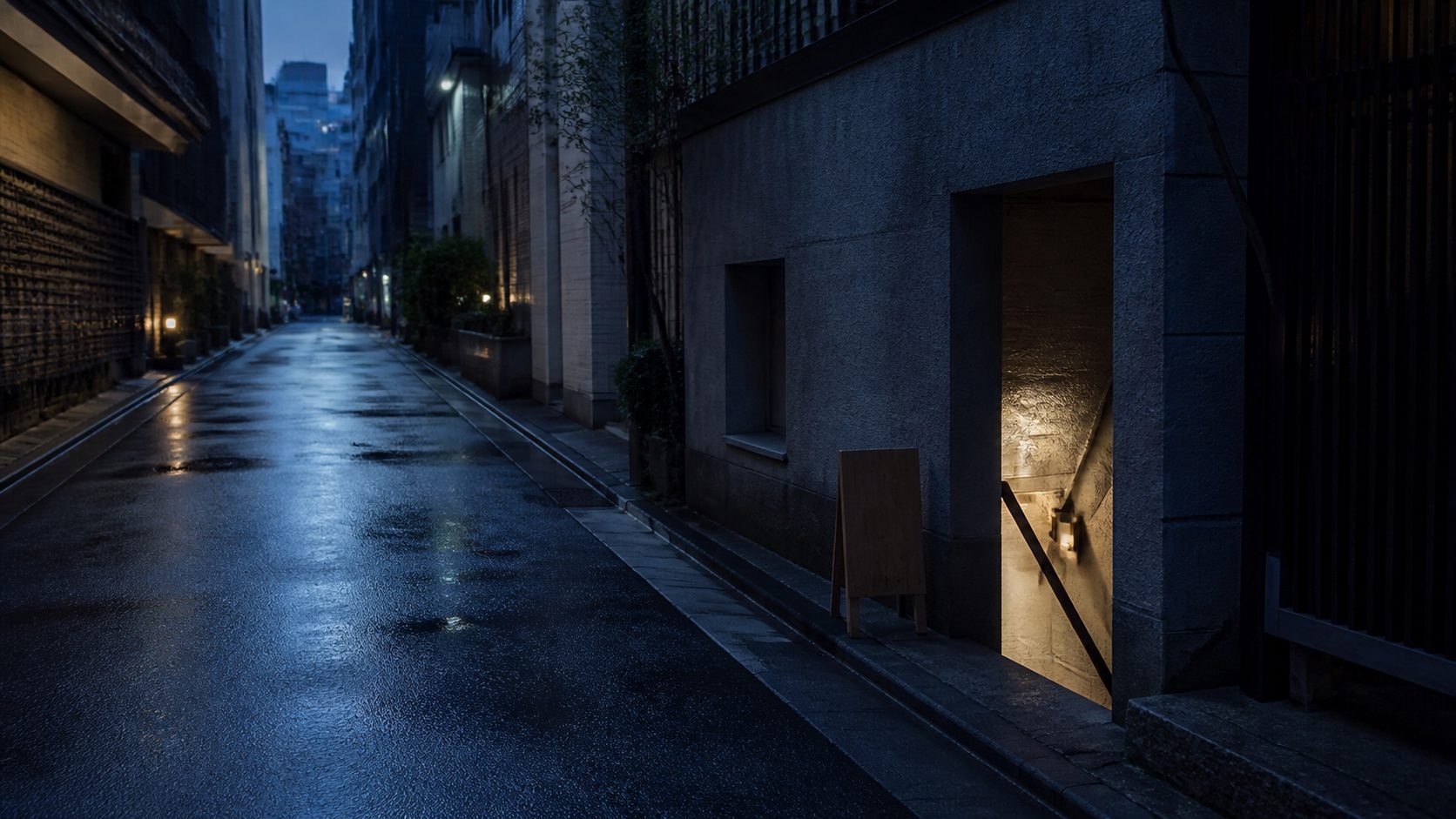 夜の銀座の細い路地にある、控えめな看板と地下へ続く階段