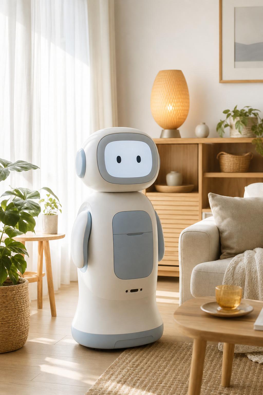 淡い光のリビングに立つ、丸みのある小型ヒューマノイドロボット Pebble