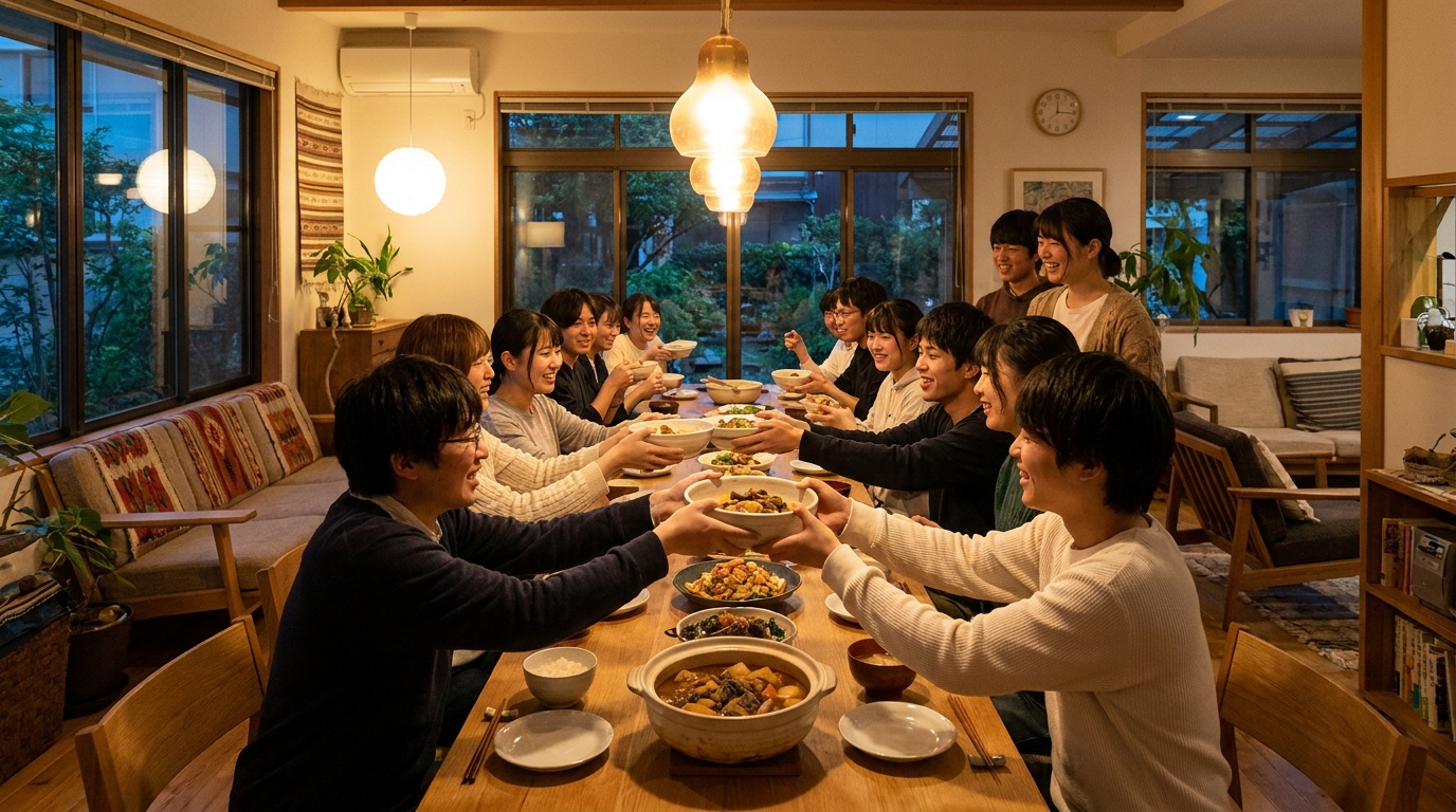 夕方の共用ダイニングで開かれた月に一度の食事会。学生たちが料理を取り分けながらくつろいで話している