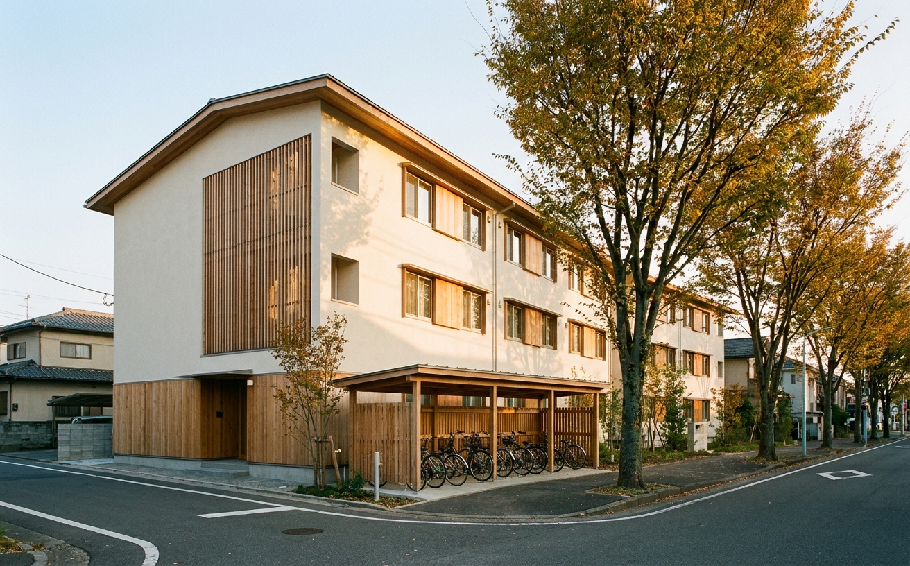 夕暮れどきの HOMEBASE 国立の外観。白い外壁に木のアクセントがあり、前にはケヤキ並木と自転車置き場が見える