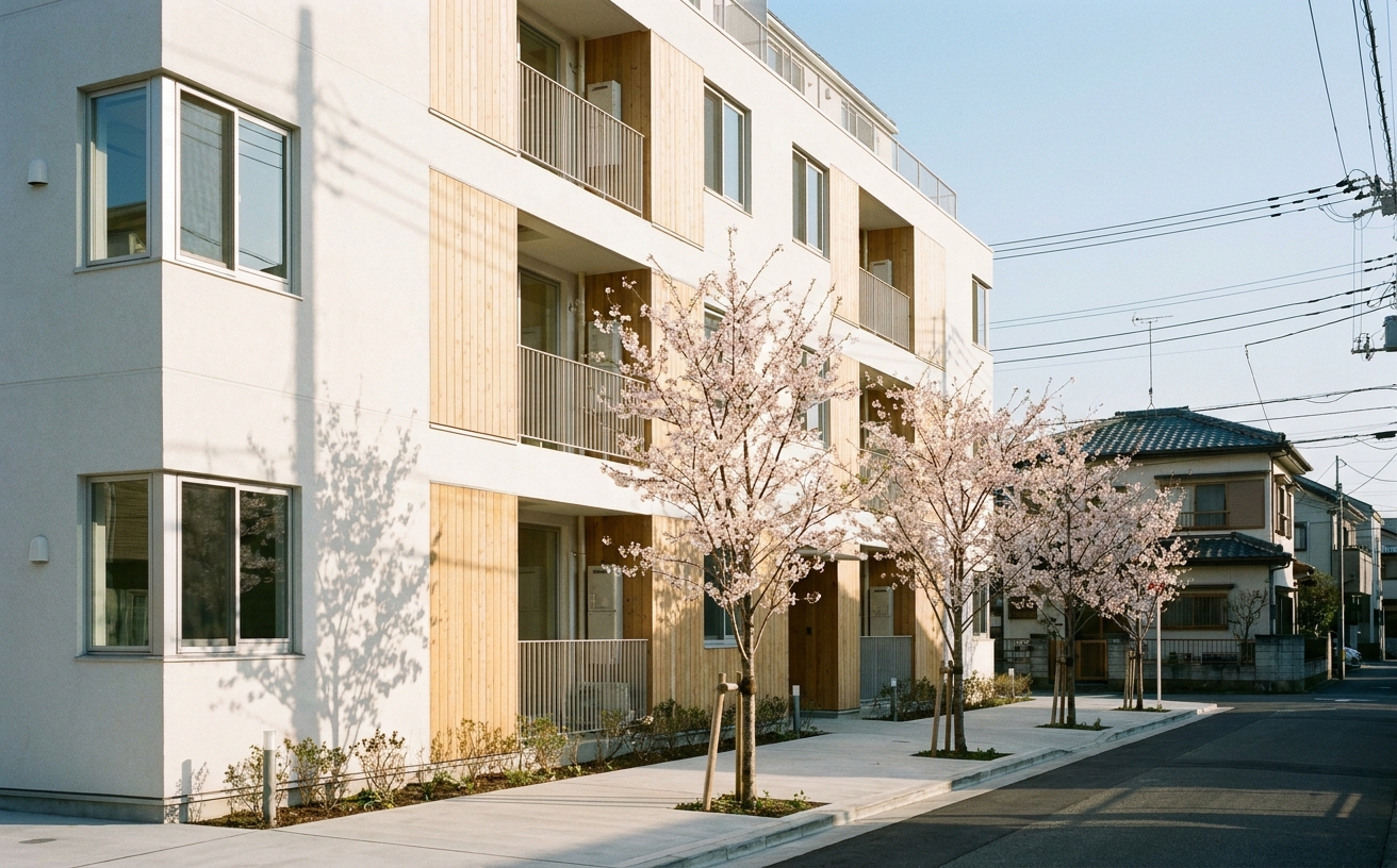 春の朝の光の中に立つ、開業前の HOMEBASE 桜上水の建物。白と明るい木目の外観に若い桜の木が並ぶ