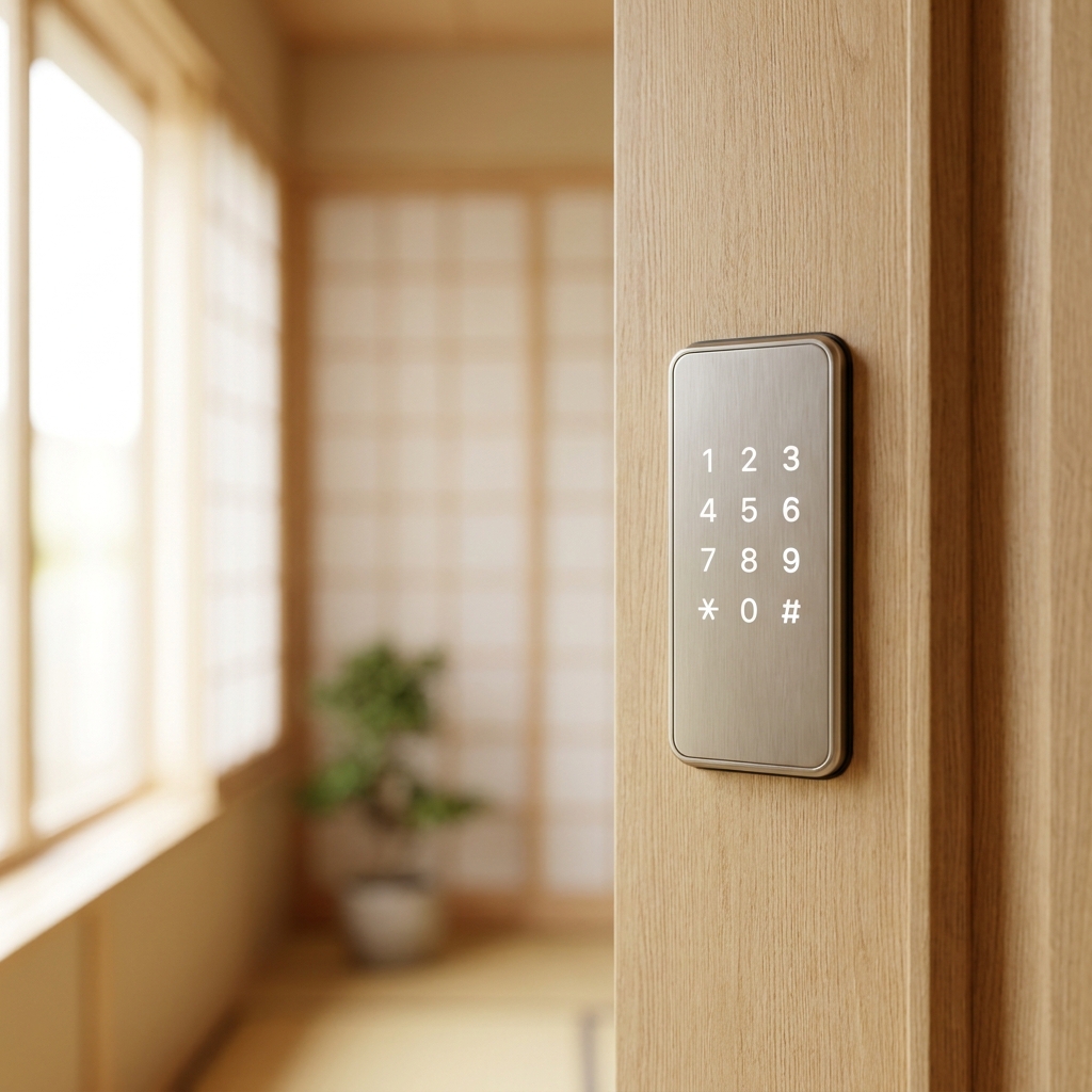 明るい木の玄関ドアに取り付けられたスマートロックのテンキーの接写