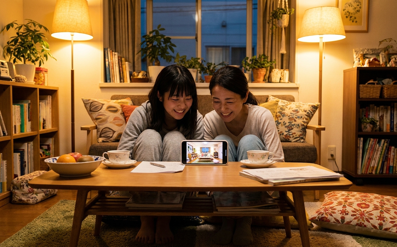 実家のリビングのこたつで、スマートフォンを使ってオンライン内見をしている学生と、横からのぞき込む母親