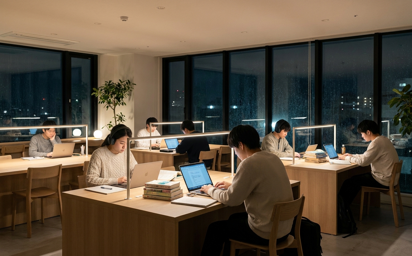 夜のスタディラウンジで、間隔を空けて着席しノートパソコンや参考書に向かう学生たち