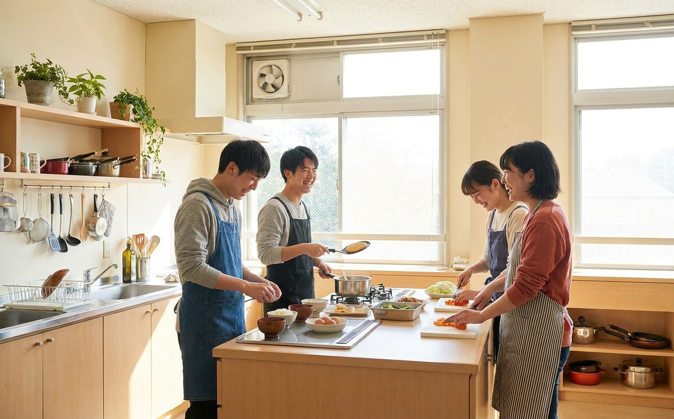 学生レジデンスの明るい共用キッチンで、数人の学生が朝食をつくりながら談笑している様子