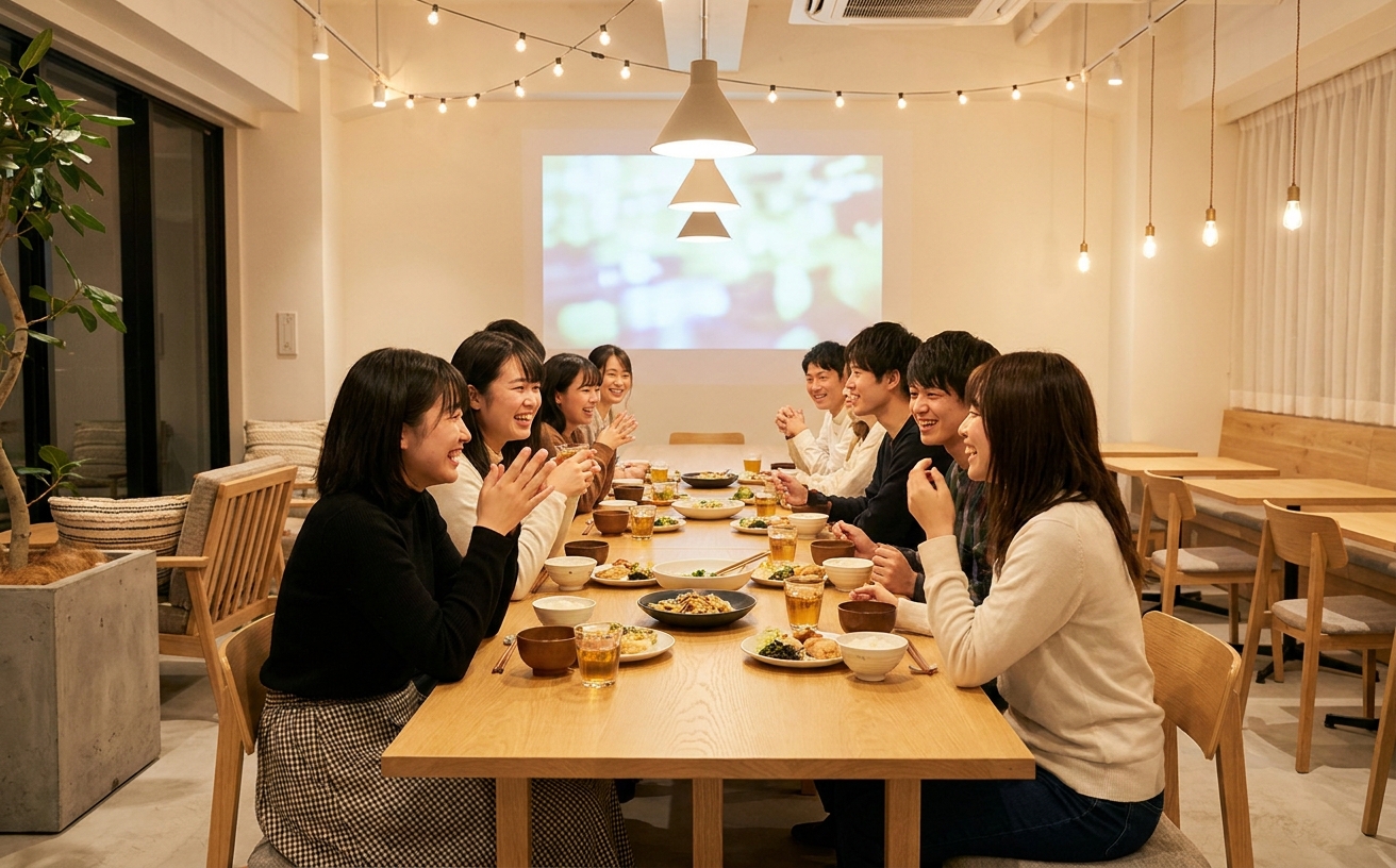 週末の共用ダイニングで、大きな木のテーブルを囲んで食事をしながら笑い合う学生のグループ