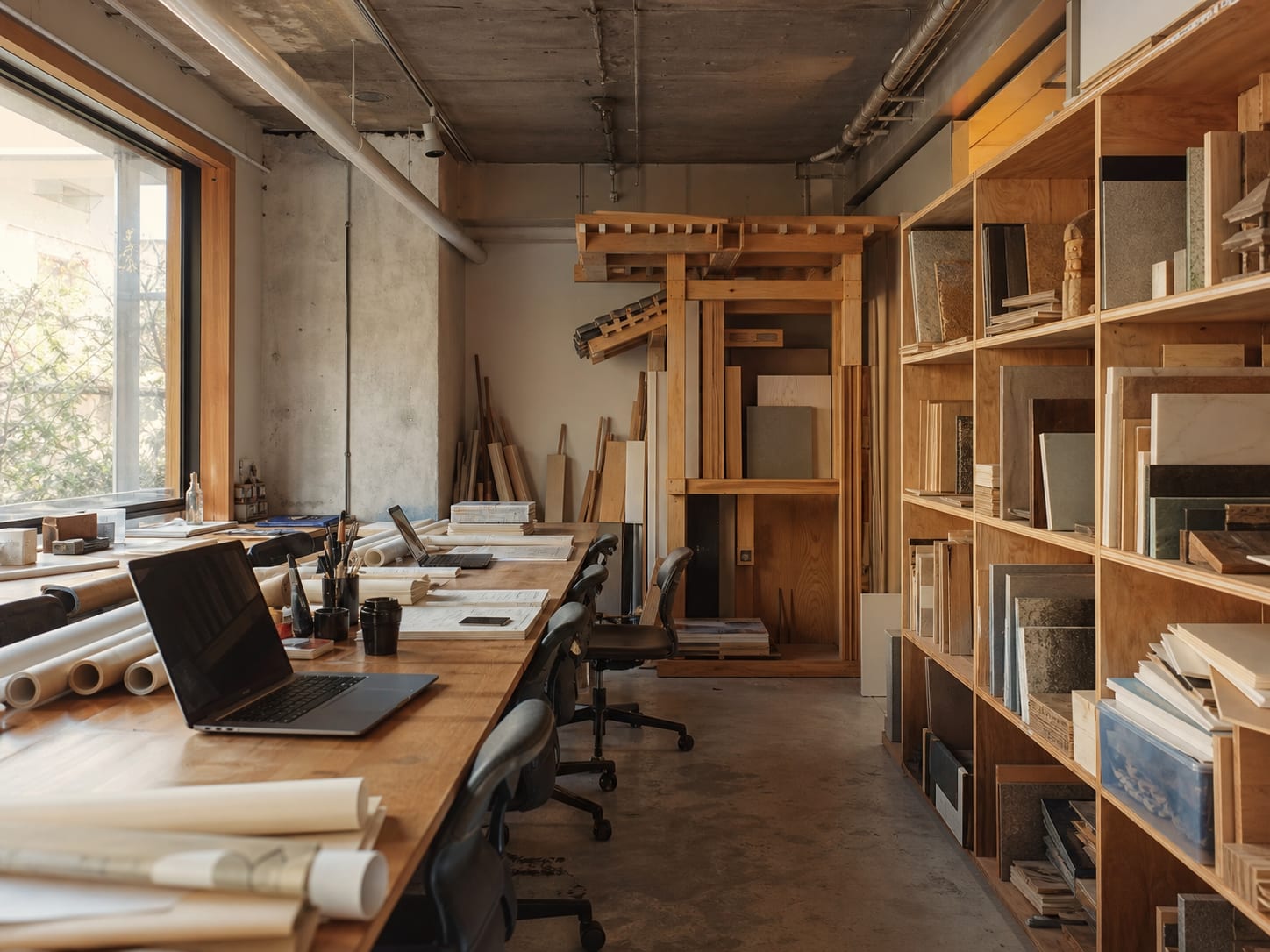 The studio in Sumida. Shared drawing desks, with a half built joinery mock up returned from site behind them