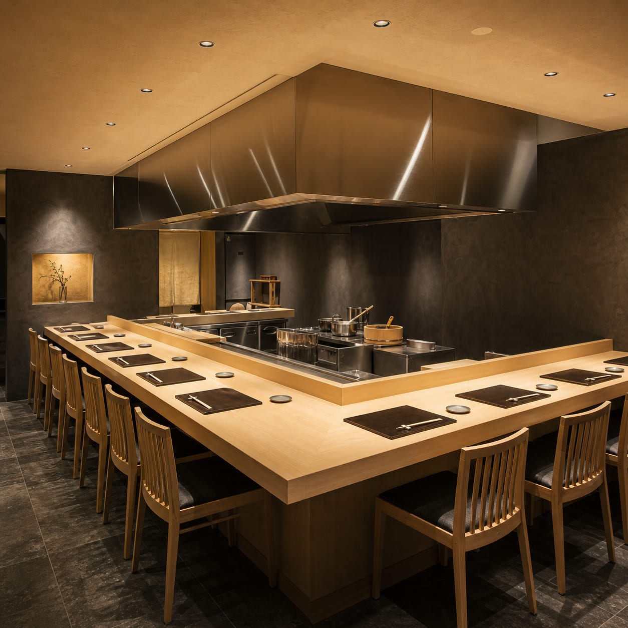 The counter at Abura no Oto. Fifteen seats facing the fryer under a close fitting hood