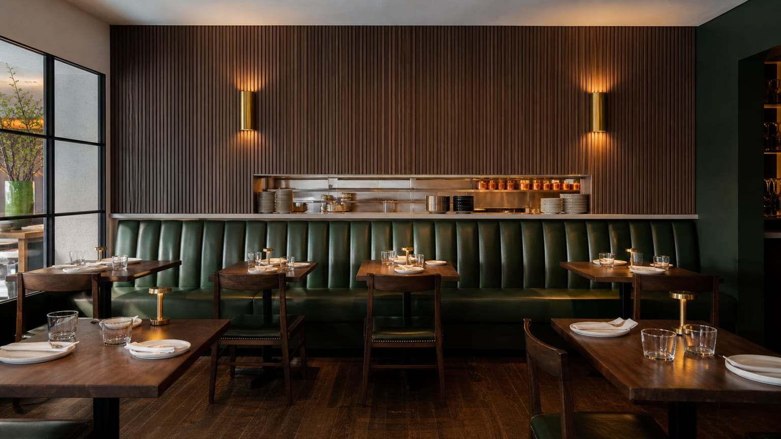 Dounabe. An acoustic panelled wall screening the pass, with green leather banquettes along it