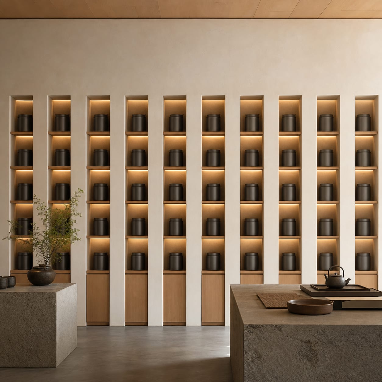 Ha to Kan. Ten shelving bays set well apart, facing a wall of matte metal canisters