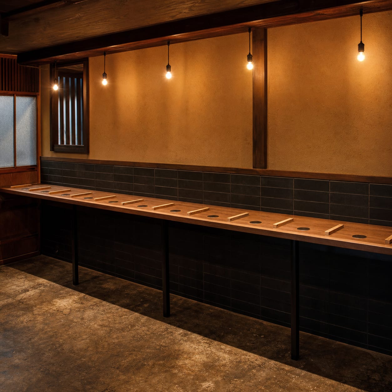 Ichigodai. One waist height counter along the wall, with eleven standing places set out on it