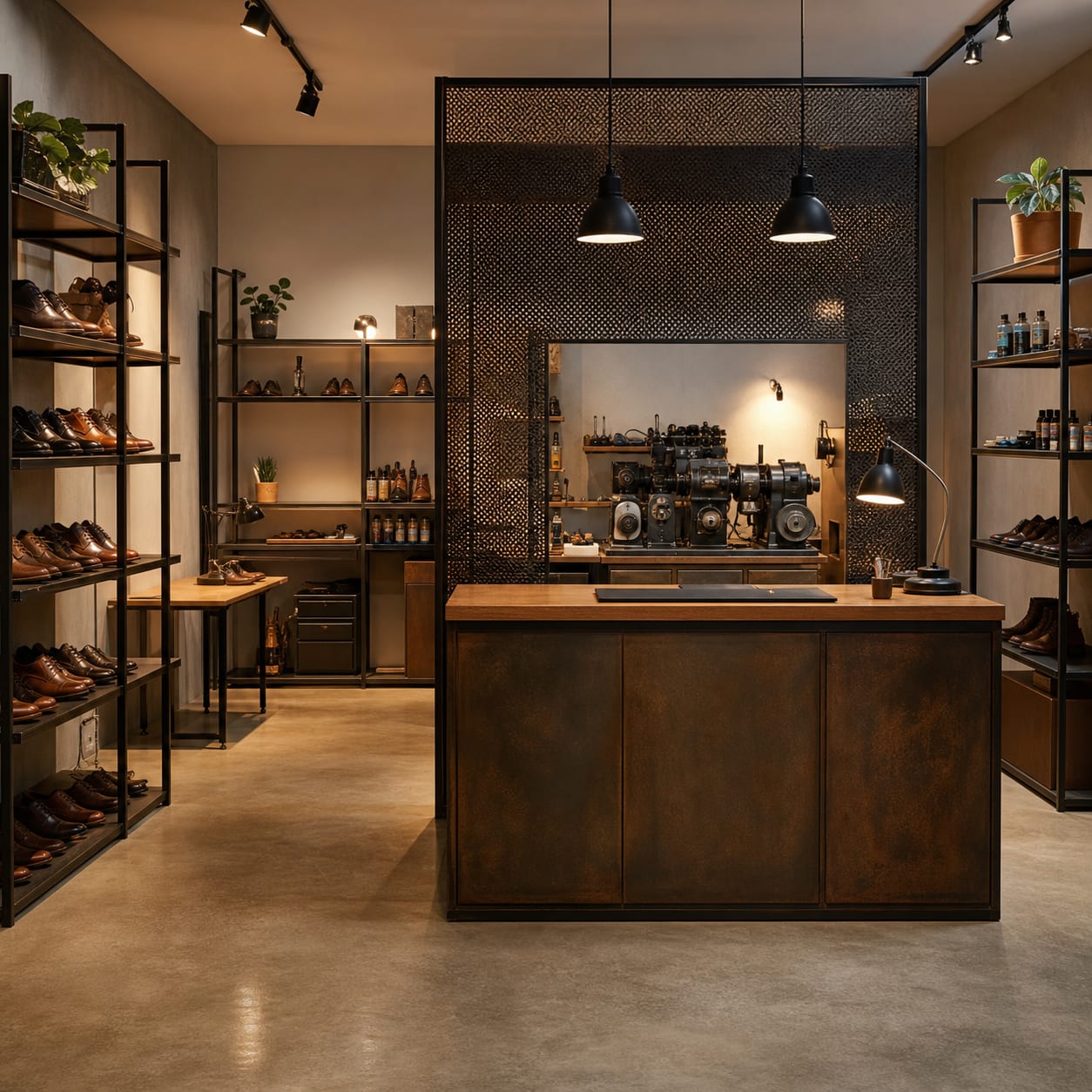 The counter at Kakato. A perforated steel acoustic screen between the bench and the customer side