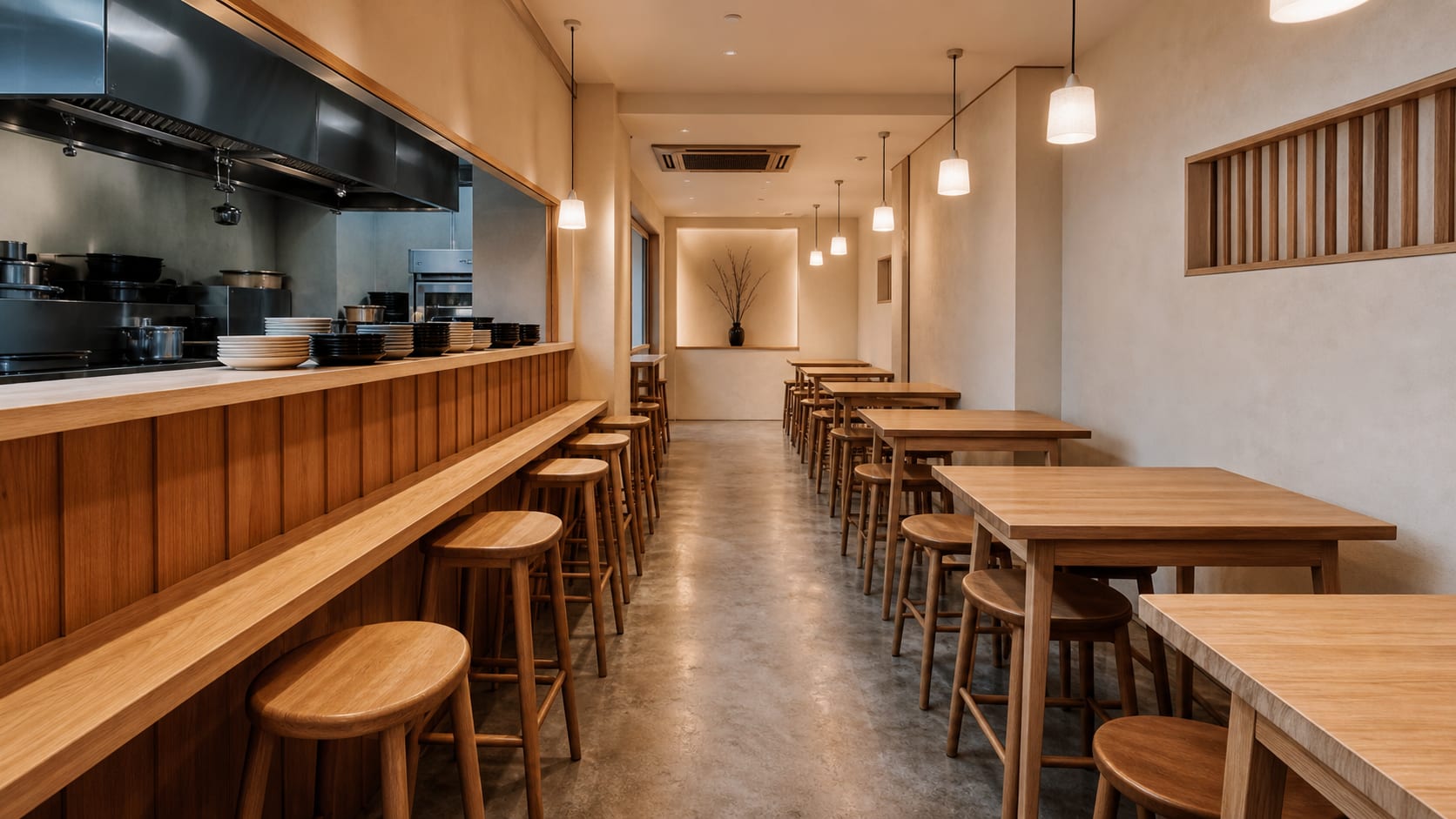 Kome to Shiru. A single service aisle running from the pass to the far wall, tables either side