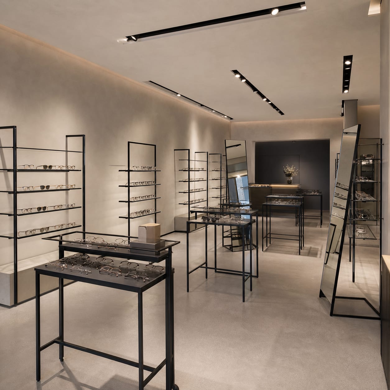 Lens to Daiza. Eighteen slim steel fixtures and three fitting mirrors set at different angles
