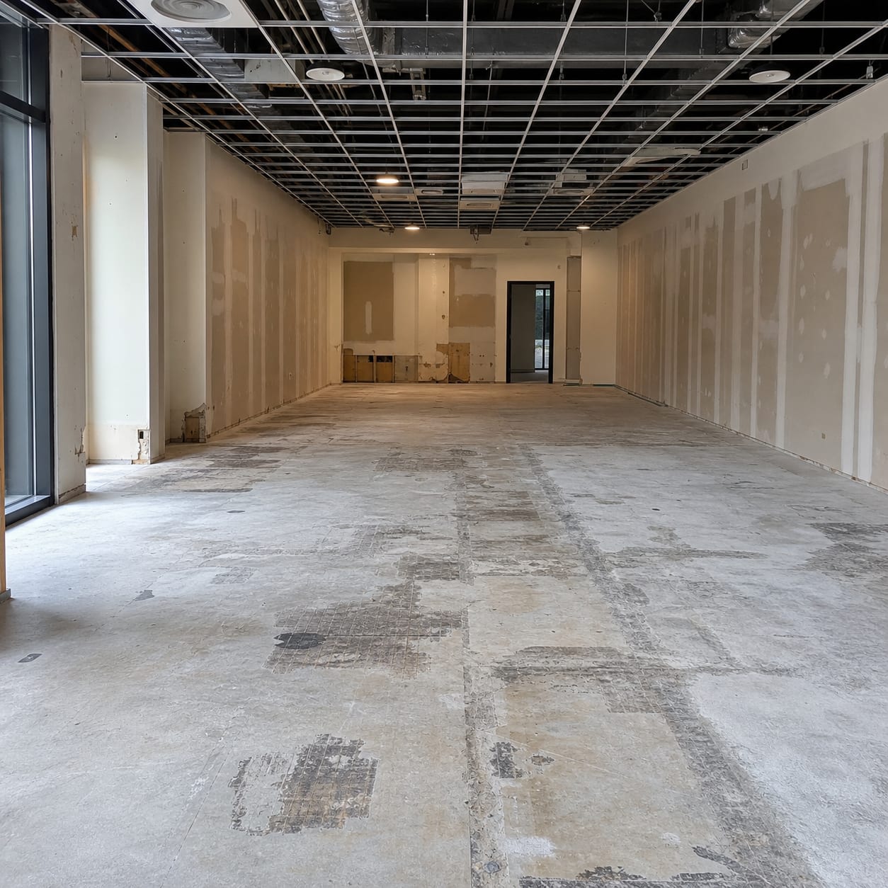 Lens to Daiza before works. The previous tenant stripped out, adhesive marks still on the floor
