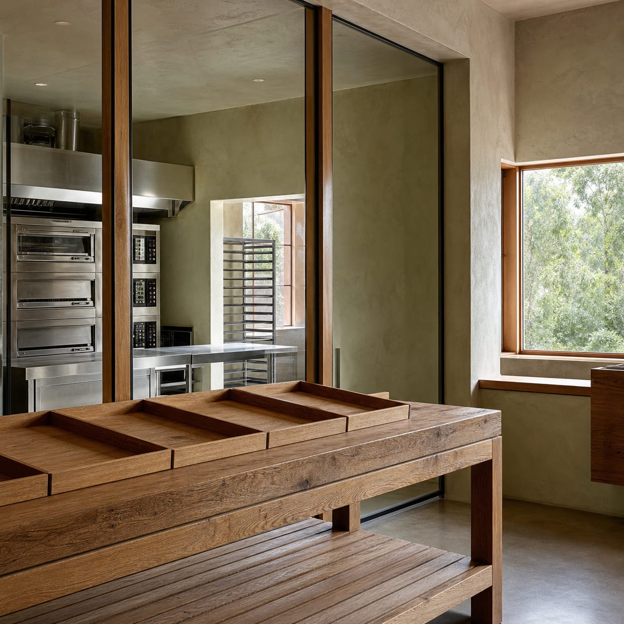 The shop floor at Mugi to Katachi. A glass screen in front of the deck oven and thick oak display tables