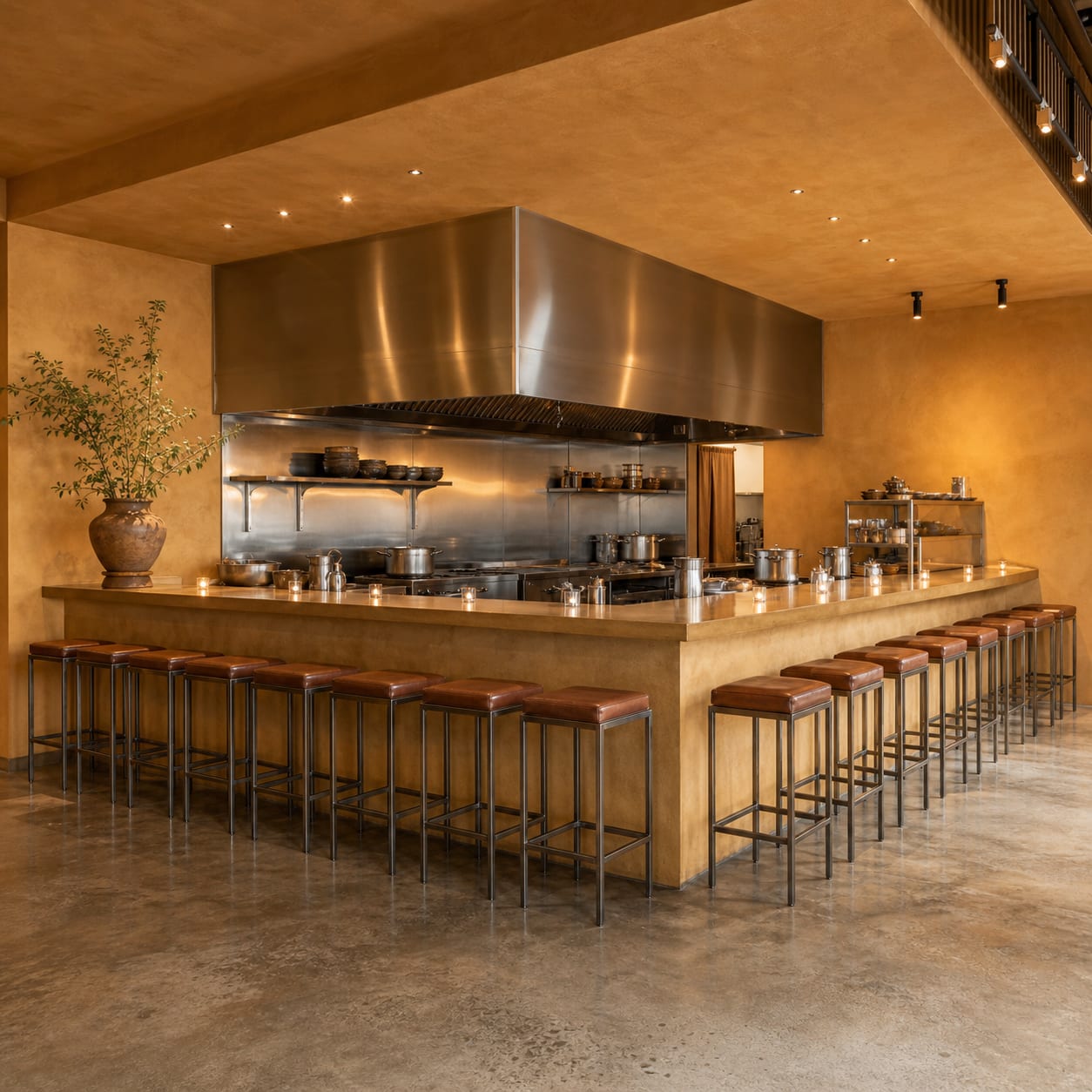 The counter at Nabe no Soko. A stainless canopy sitting directly over the open kitchen