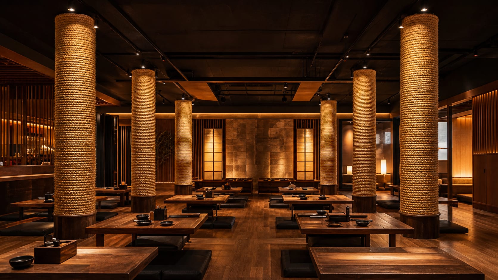 Nawa to Taru. Seating set out between six existing columns, each wrapped in hemp rope