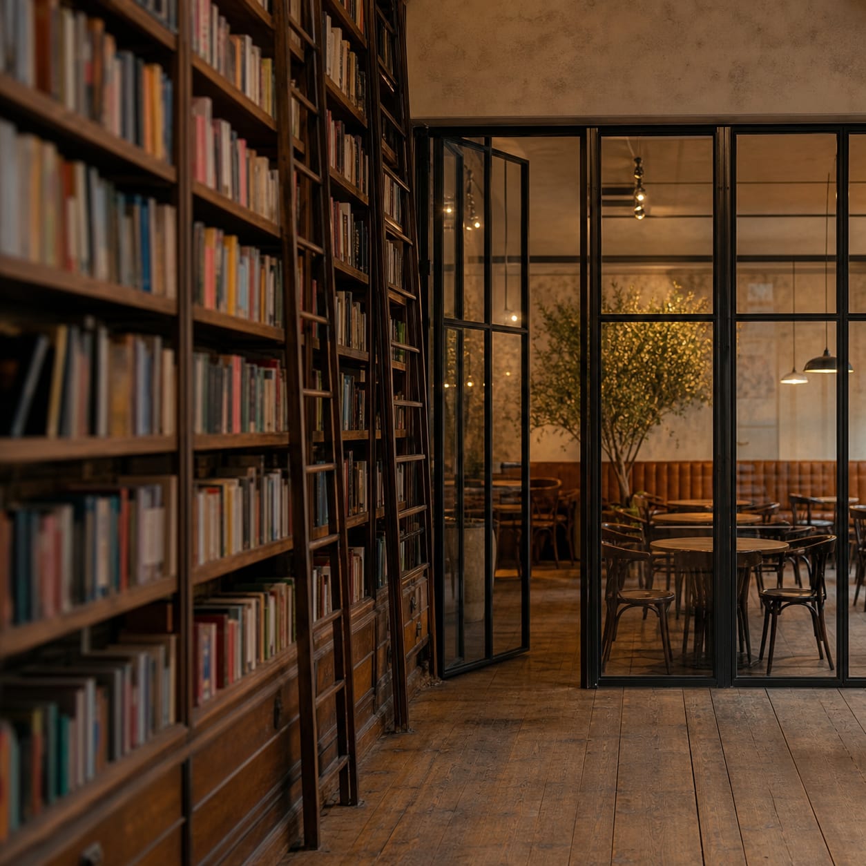 The seating side of Nimai Tobira. Two steel framed glass doors dividing it from the shelving