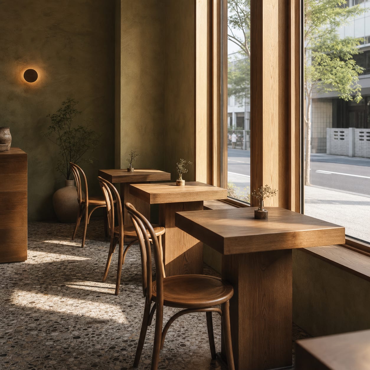 The window bay at Sanji no Taku. Solid timber tables with deeper tops, in afternoon light