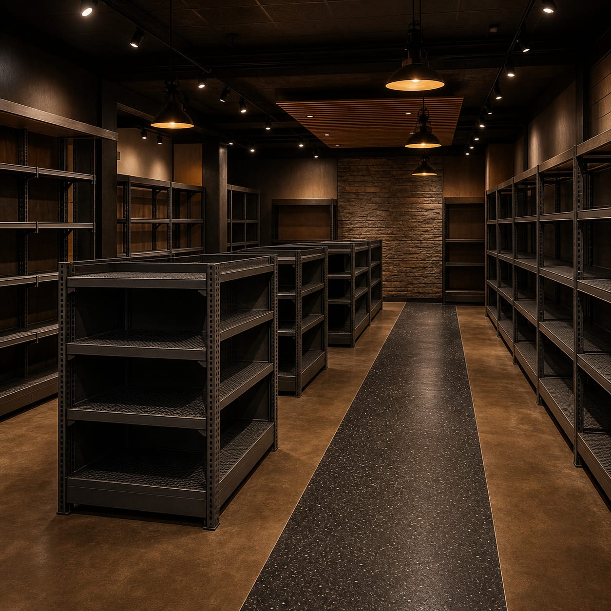 Taru to Sen. Twelve heavy steel bays in rows, the reinforced strip of floor left as a change of finish