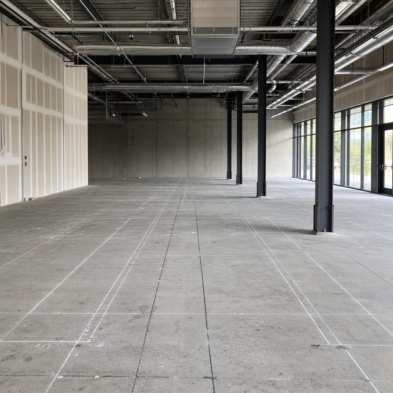 Taru to Sen before works. Shelving positions inked across the raw concrete