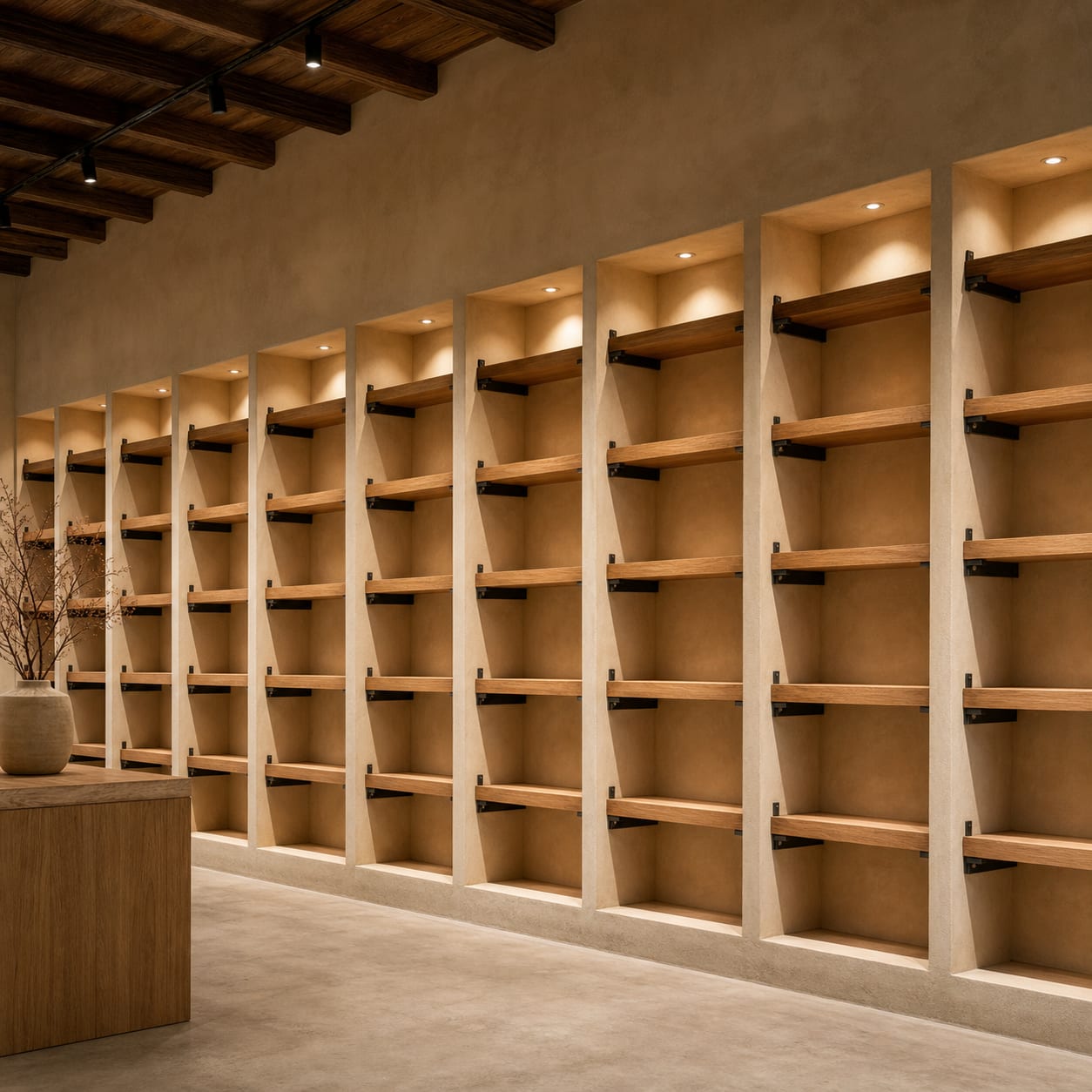 Tsuchi to Yu. Fourteen deep shelving bays with the steel brackets left visible, each washed with light