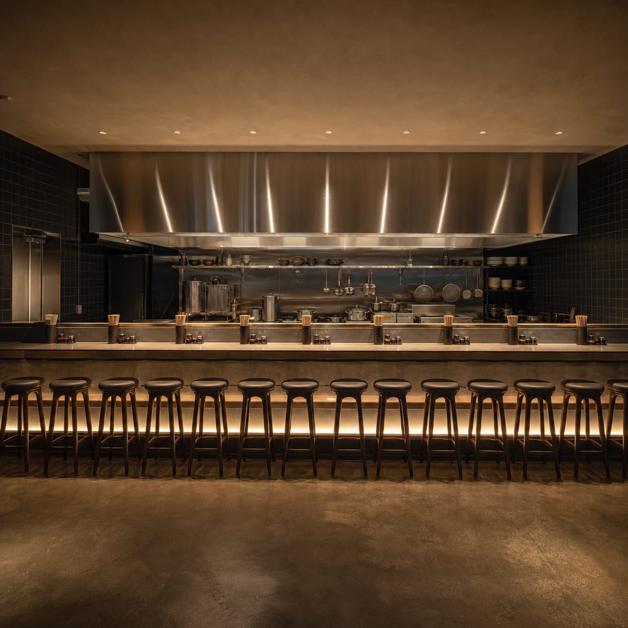 Yuge to Hachi. A single straight counter for thirteen, under a canopy covering the whole kitchen ceiling