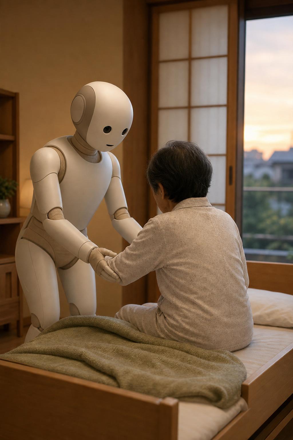 居室でベッドからの起き上がりをそっと支える生活支援ヒューマノイド Kit