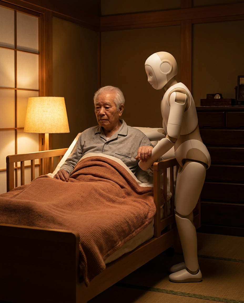 夜の居室でベッドからの起き上がりを支える Kit