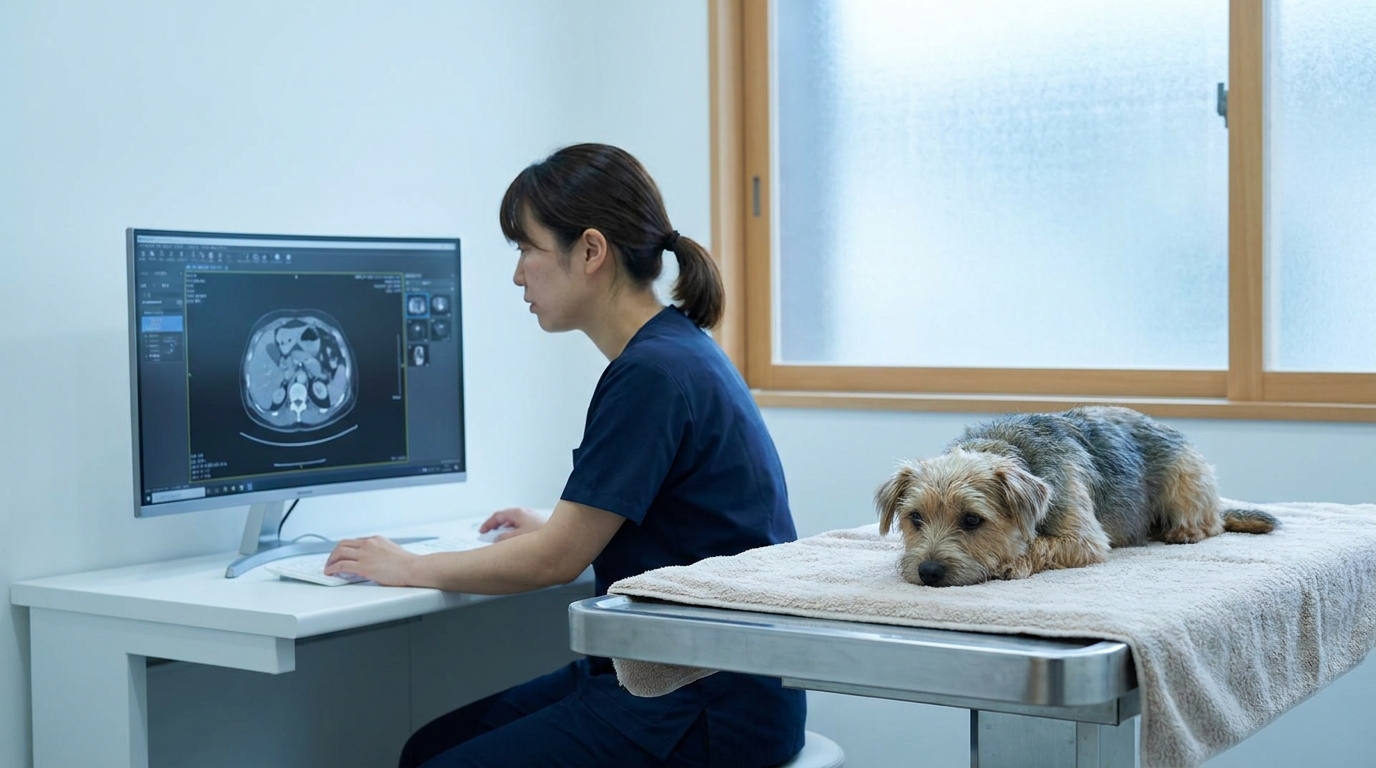 診察室でCTの画像を見ながら飼い主に説明する獣医師と、診察台の犬