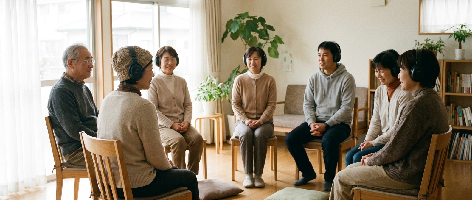 明るいコミュニティルームで開かれた、少人数のピアサポート会。多様な年代の参加者が、ゆるやかな円になって穏やかに過ごしている。