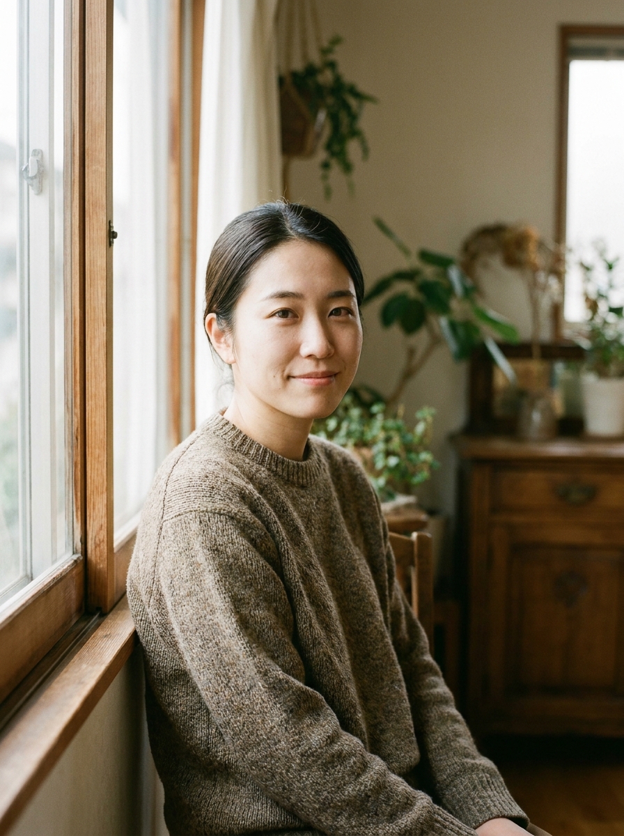 窓辺のやわらかな光の中で、穏やかな表情でこちらを見る20代の人物のポートレート。