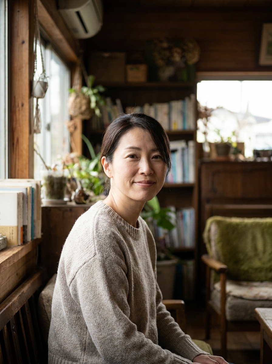自然光の入る室内で、少しほほえみながら落ち着いた様子で座る40代の人物のポートレート。