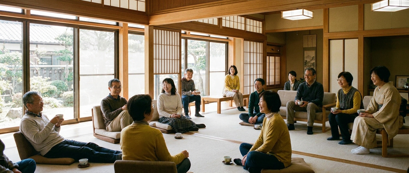 明るい部屋で開かれた当事者会。参加者がゆったりと間隔をとって座り、和やかに語り合っている横長の風景。