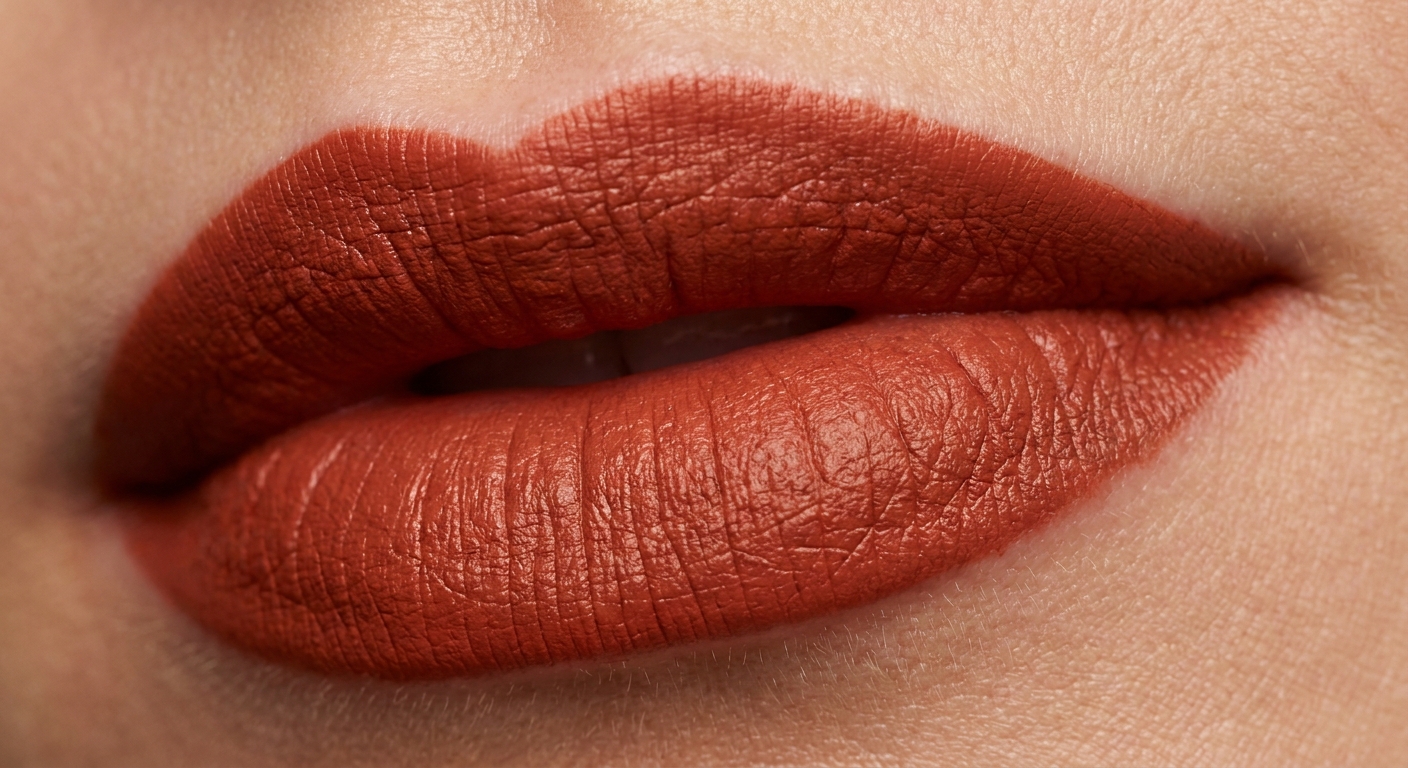 rouge clay のリップを塗った唇のマクロ。セミマットの上質な発色。