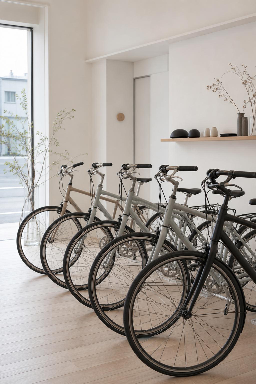 ミニマルな明るい店内に並ぶニュートラルな色調のシティバイクの列