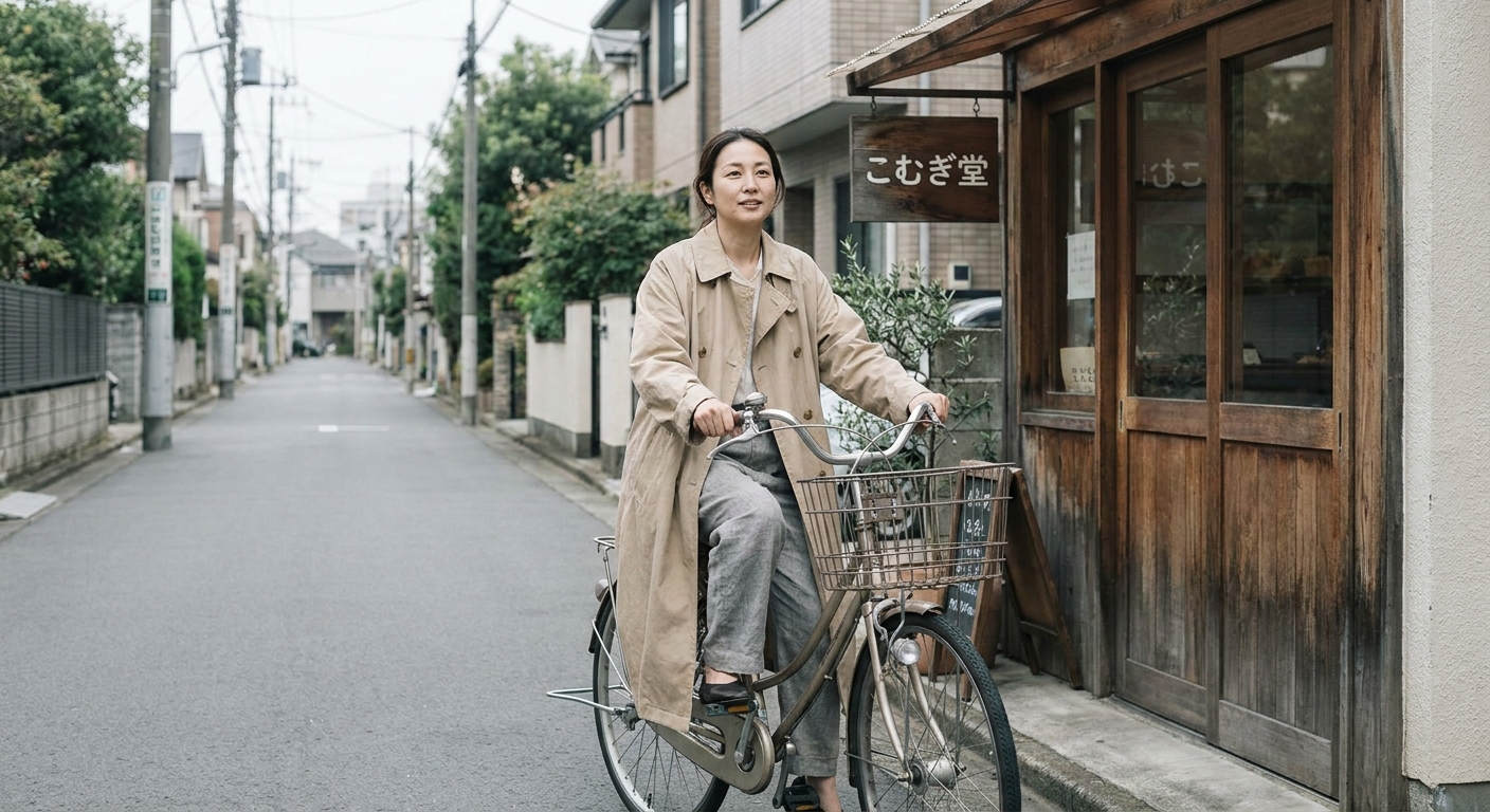 パン屋の前で自転車を停めて佇む人。早朝の静かな街、ニュートラルな色調。