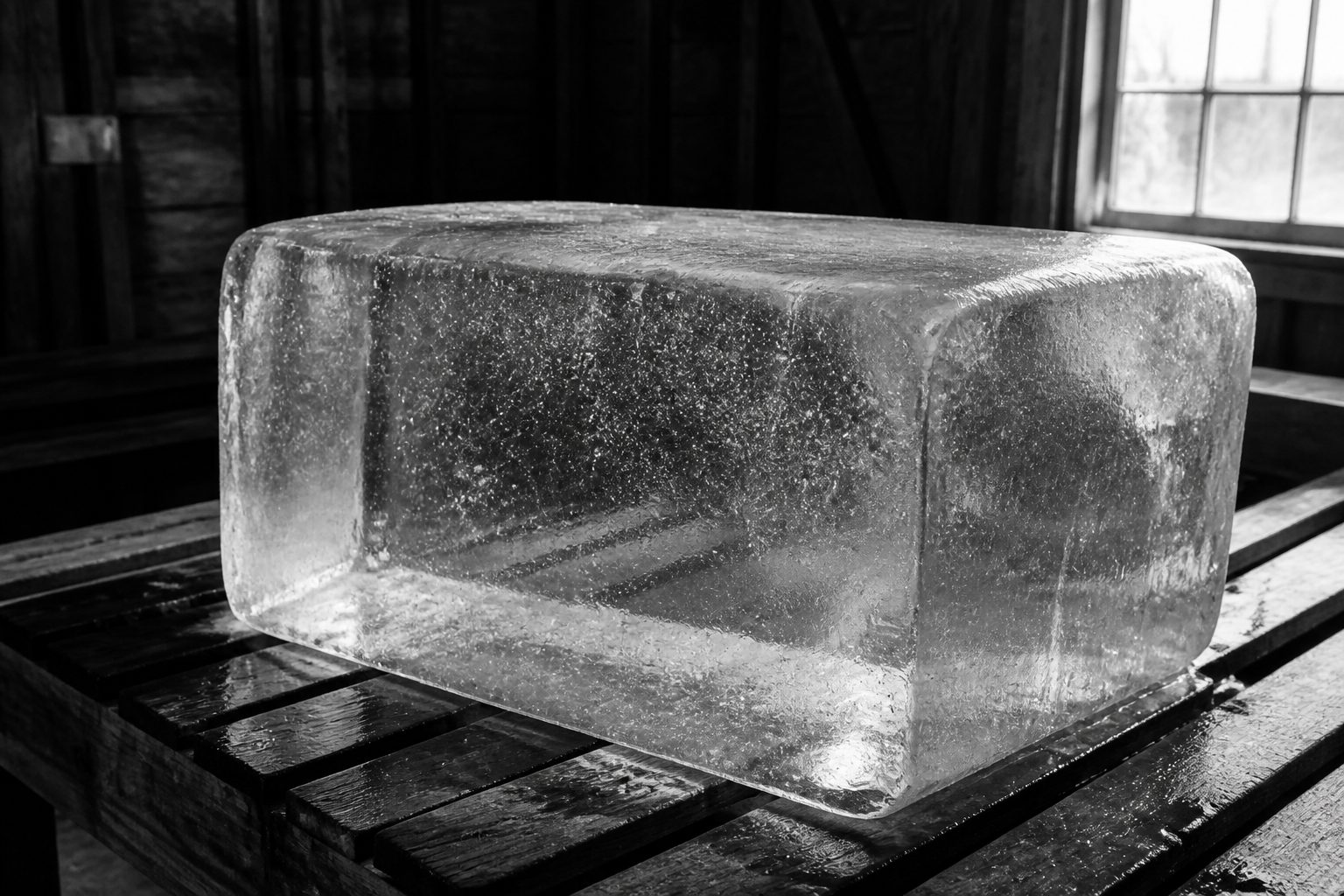氷室の木の桟に置かれた、天然氷のブロック