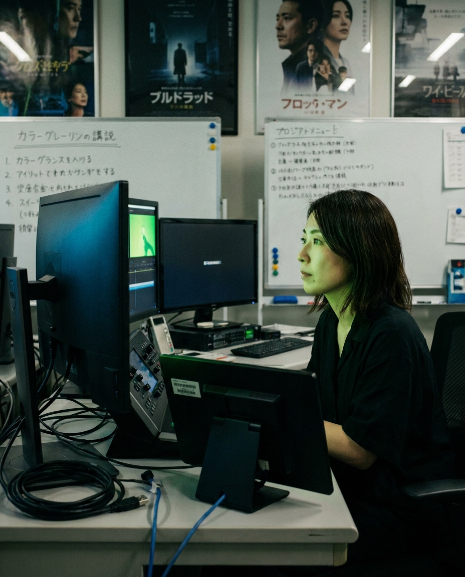 カラーグレーディング用モニターに向かう30代の女性カラリストの横顔。モニターのライムグリーンと青の光が顔に反射、プロフェッショナルな現場の空気。