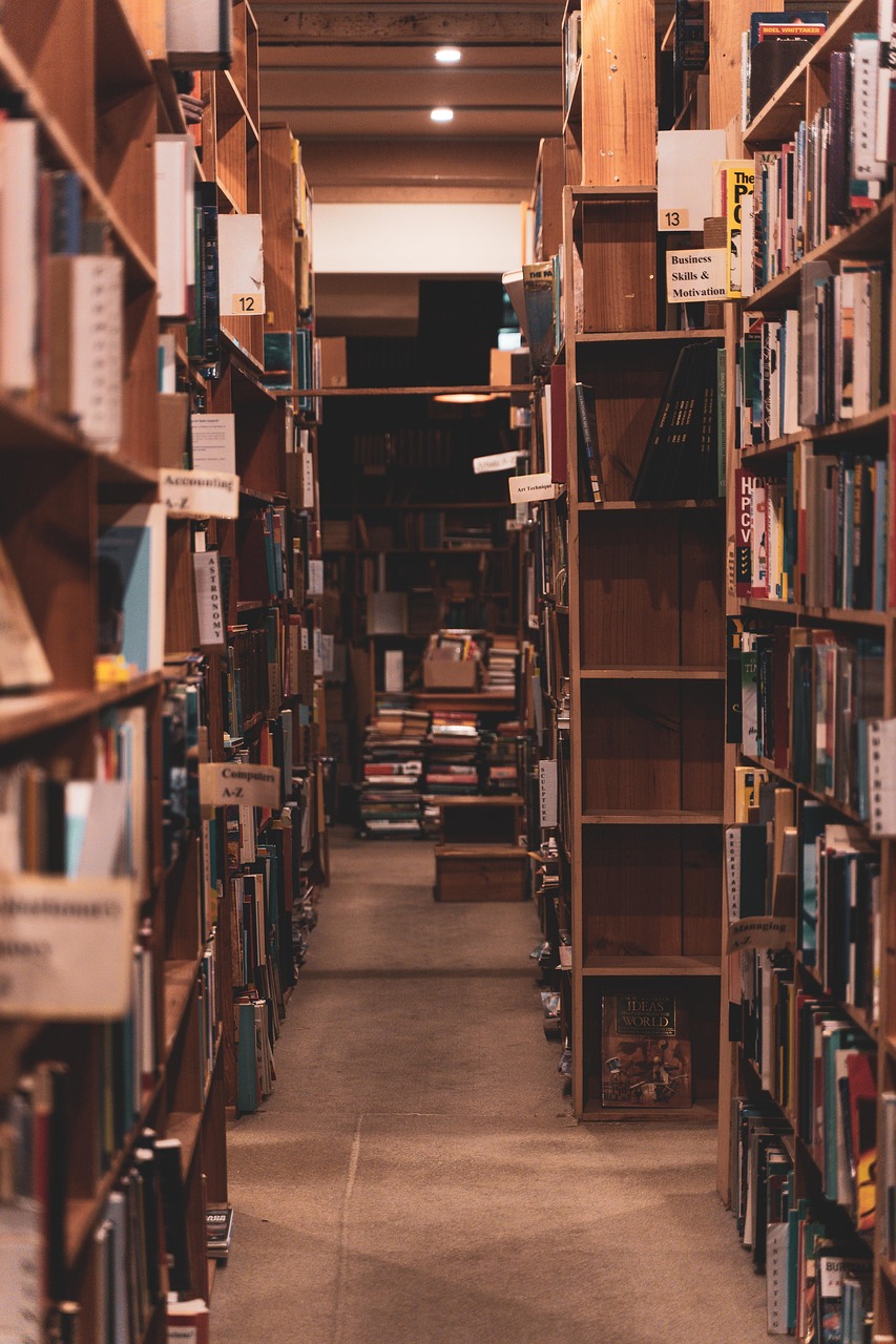 落葉樹林に建つ低層の図書館。木の柱列ごしに本棚が見える。