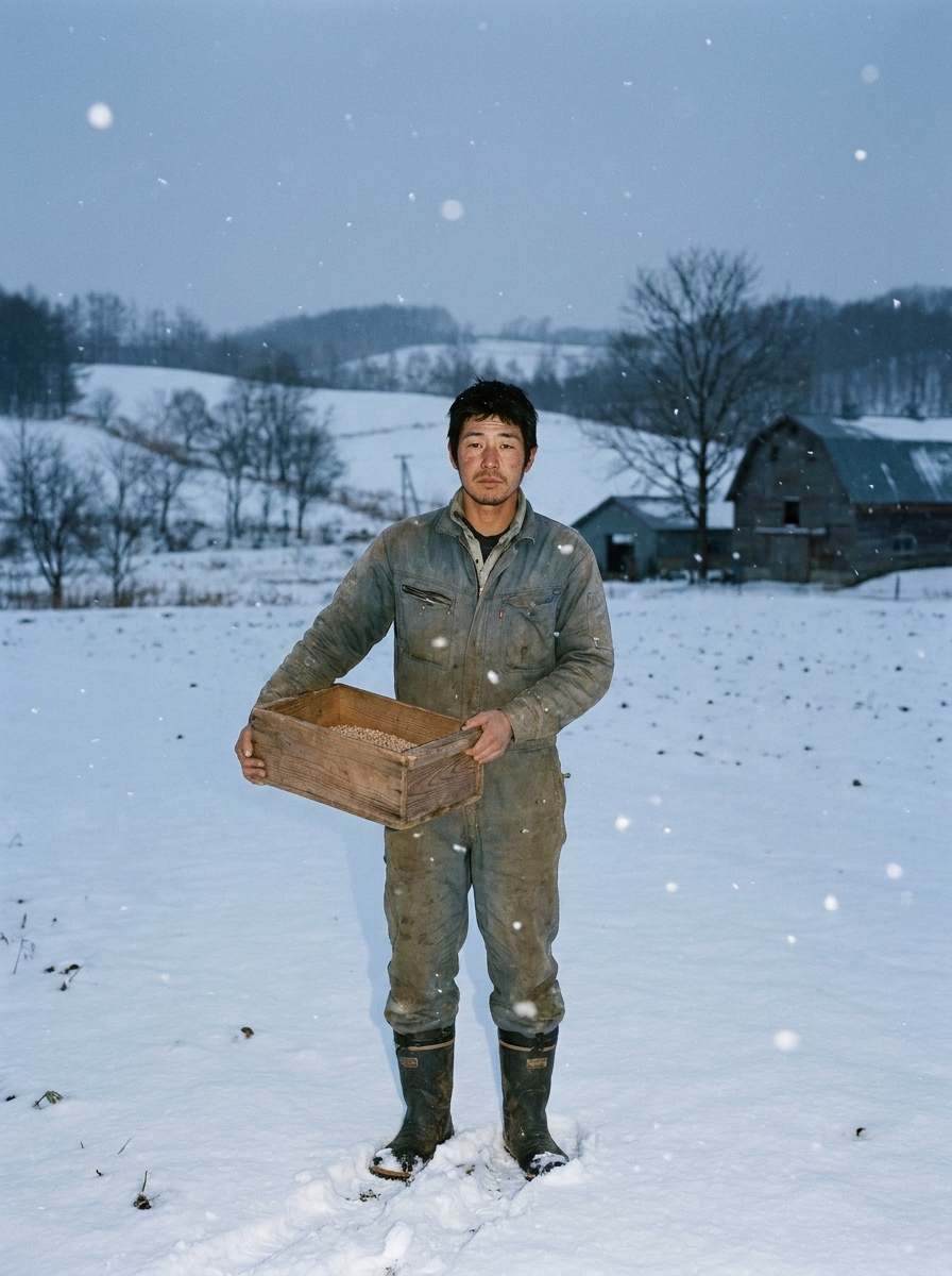 雪の残る畑に立つ若い農家のポートレート