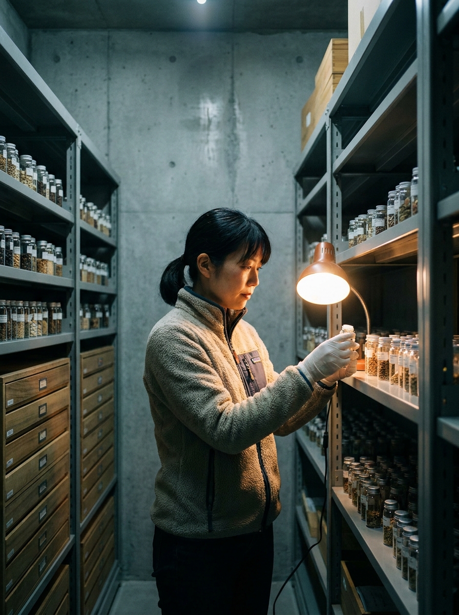 種子保存庫で小瓶のラベルを確認する研究員のポートレート