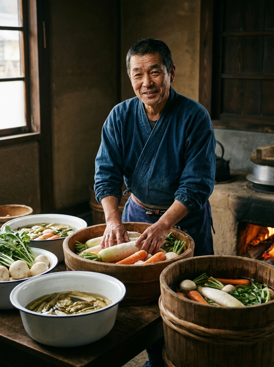 古い台所で在来野菜を仕込む料理人のポートレート