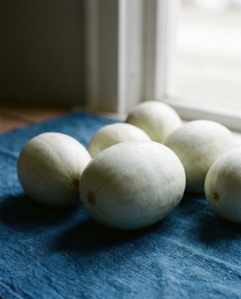 青白い皮の在来うりを藍染の布の上に並べた静物