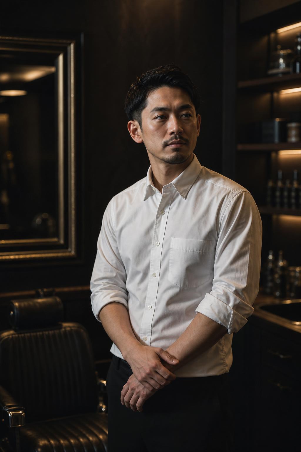 腕まくりしたシニアバーバーのポートレート
