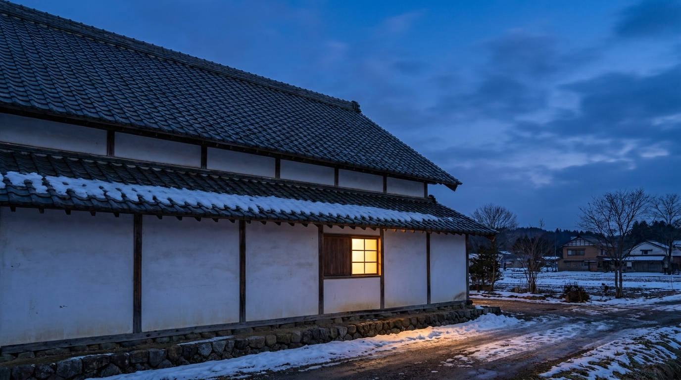 雪の残る蔵の外観。瓦屋根と白壁、夕暮れ