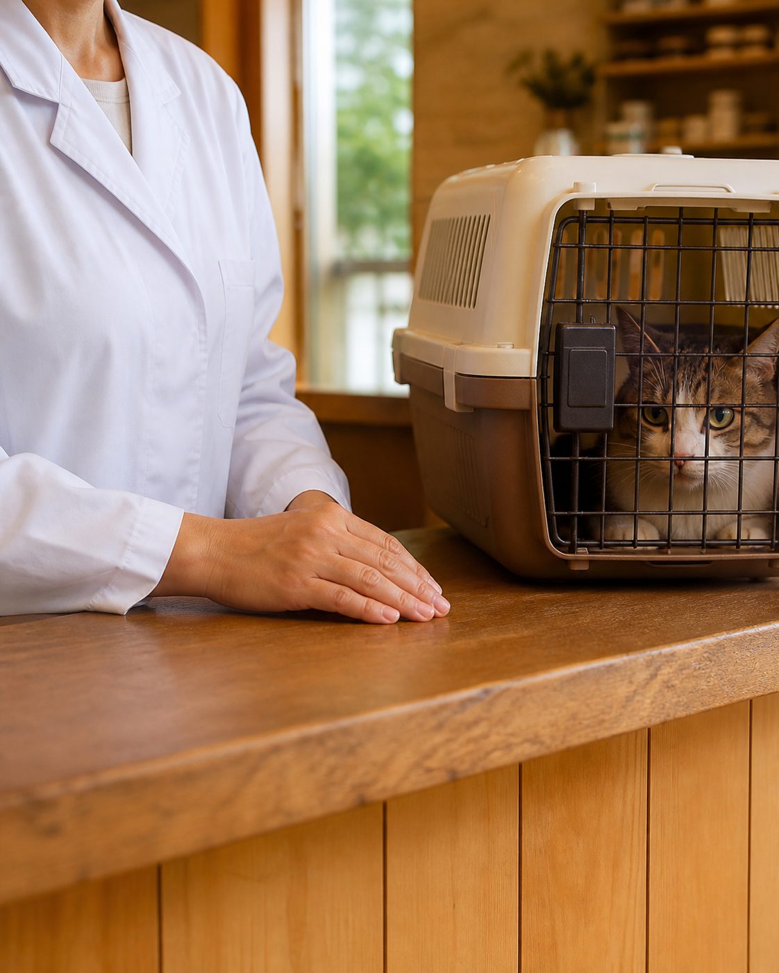 動物病院の受付カウンター。白衣のスタッフの手元と、カウンターに置かれたキャリーケース