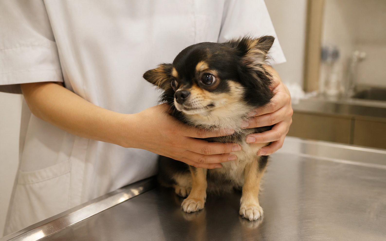 診察室で犬を保定する獣医師の手元